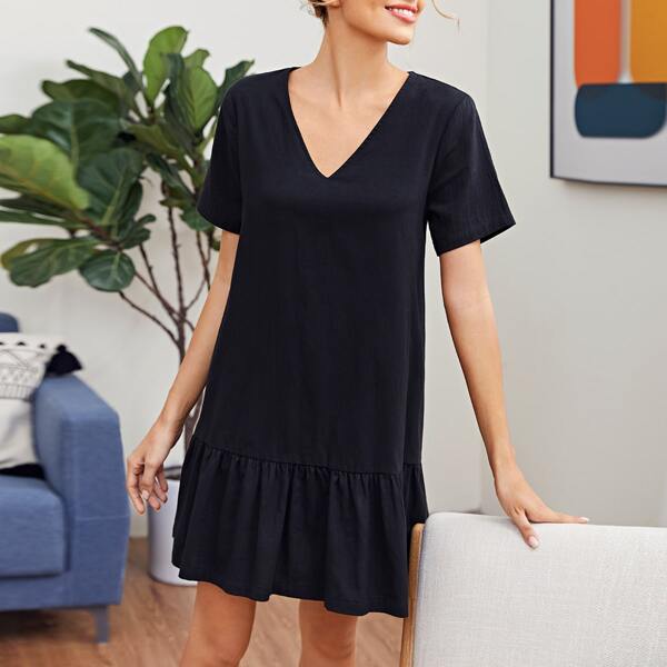 

V-Neck Smock Dress, Black