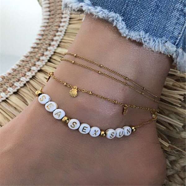 

4pcs Girls Shell Charm Ankle Chain, Gold