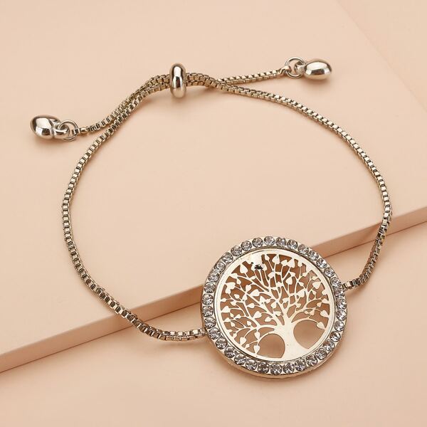 

Rhinestone Engraved Hollow Out Bracelet, Silver