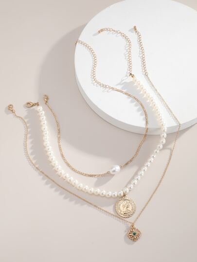 3pcs Coin Faux Pearl Decor Necklace - Best of SHEIN