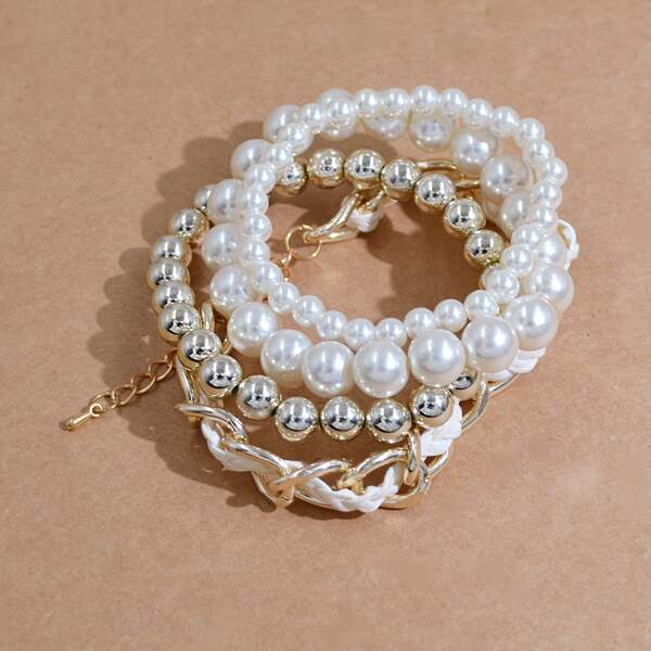 

4pcs Faux Pearl Beaded Bracelet, Multicolor