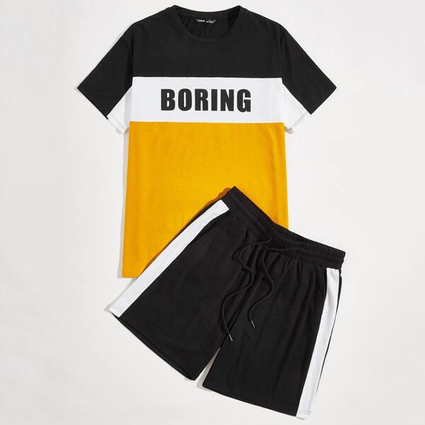 

Men Colorblock Letter Graphic Top & Track Shorts Set, Black