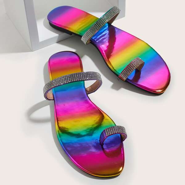 

Rhinestone Decor Toe Loop Slide Sandals, Multicolor