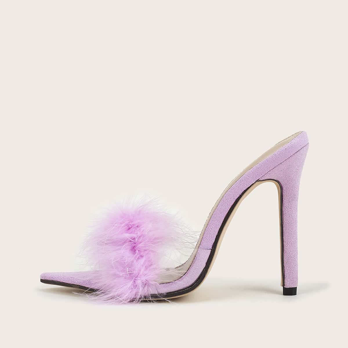 

Faux Fur Decor Stiletto Heeled Sandal Mules, Purple