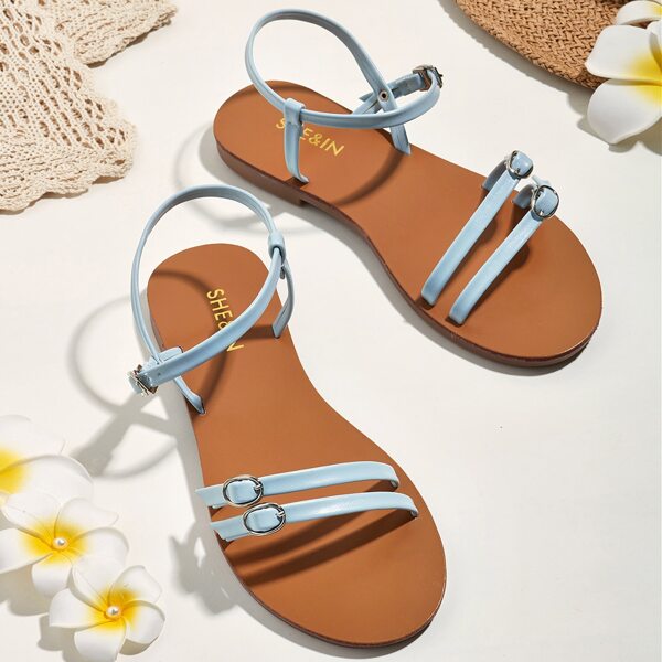 

Buckle Decor Thin Strap Flat Sandals, Blue