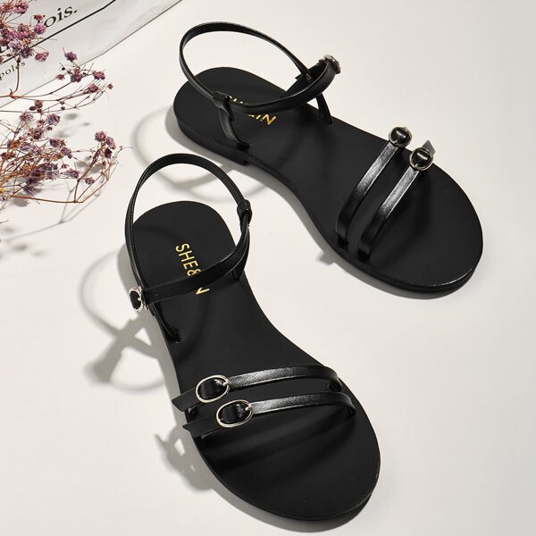 

Buckle Decor Thin Strap Flat Sandals, Black