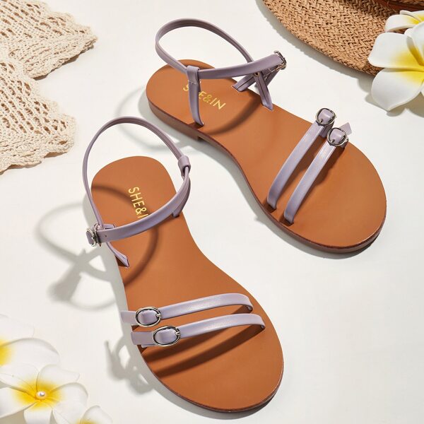 

Buckle Decor Thin Strap Flat Sandals, Purple