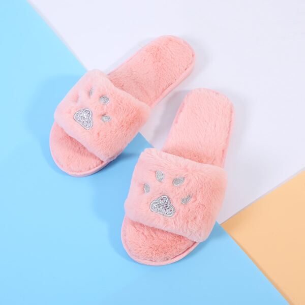 

Open Toe Paw Pattern Fluffy Slippers, Pink