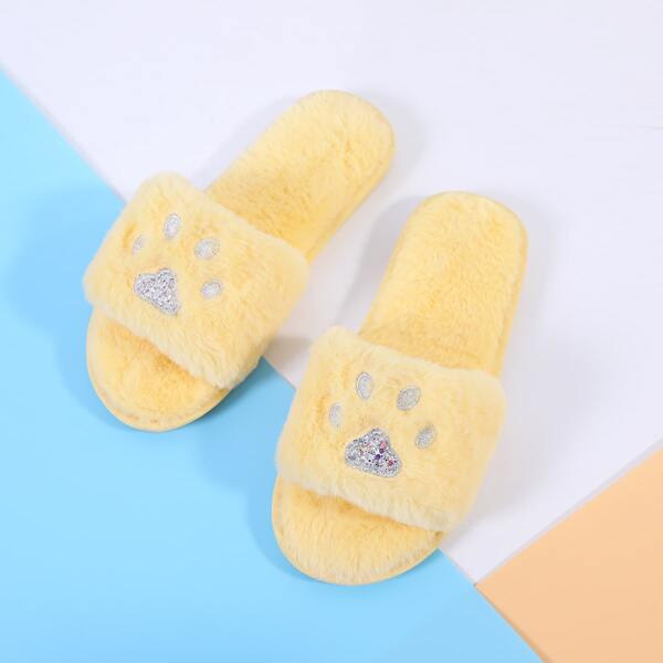 

Open Toe Paw Pattern Fluffy Slippers, Yellow