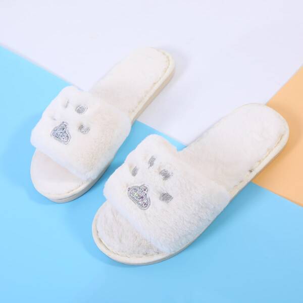 

Open Toe Paw Pattern Fluffy Slippers, White