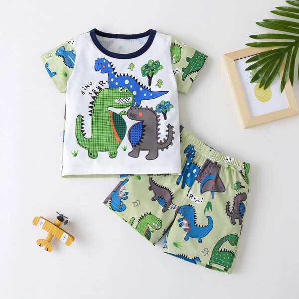 

Toddler Boys Cartoon Dinosaur Ringer Tee With Shorts, Multicolor