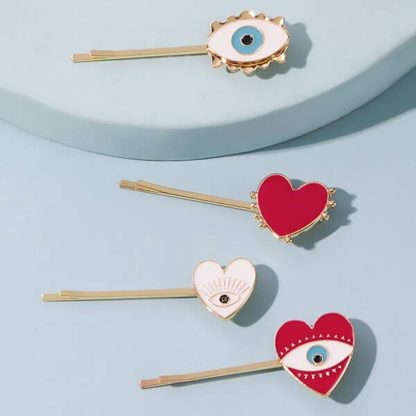 

4pcs Heart Eye Decor Bobby Pin, Multicolor