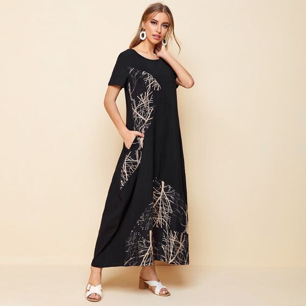 

Contrast Graphic Print Panel Dress, Black