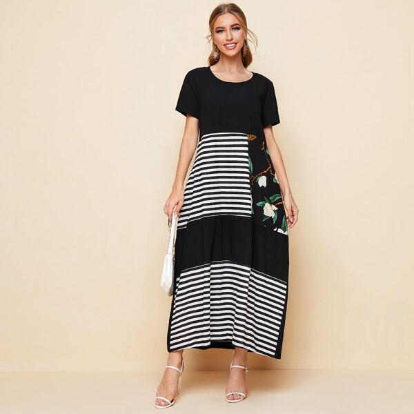 

Striped & Floral Print Dress, Black