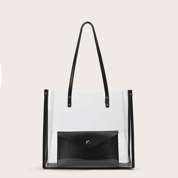 

2pcs Clear Tote Bag With Purse, Black and white