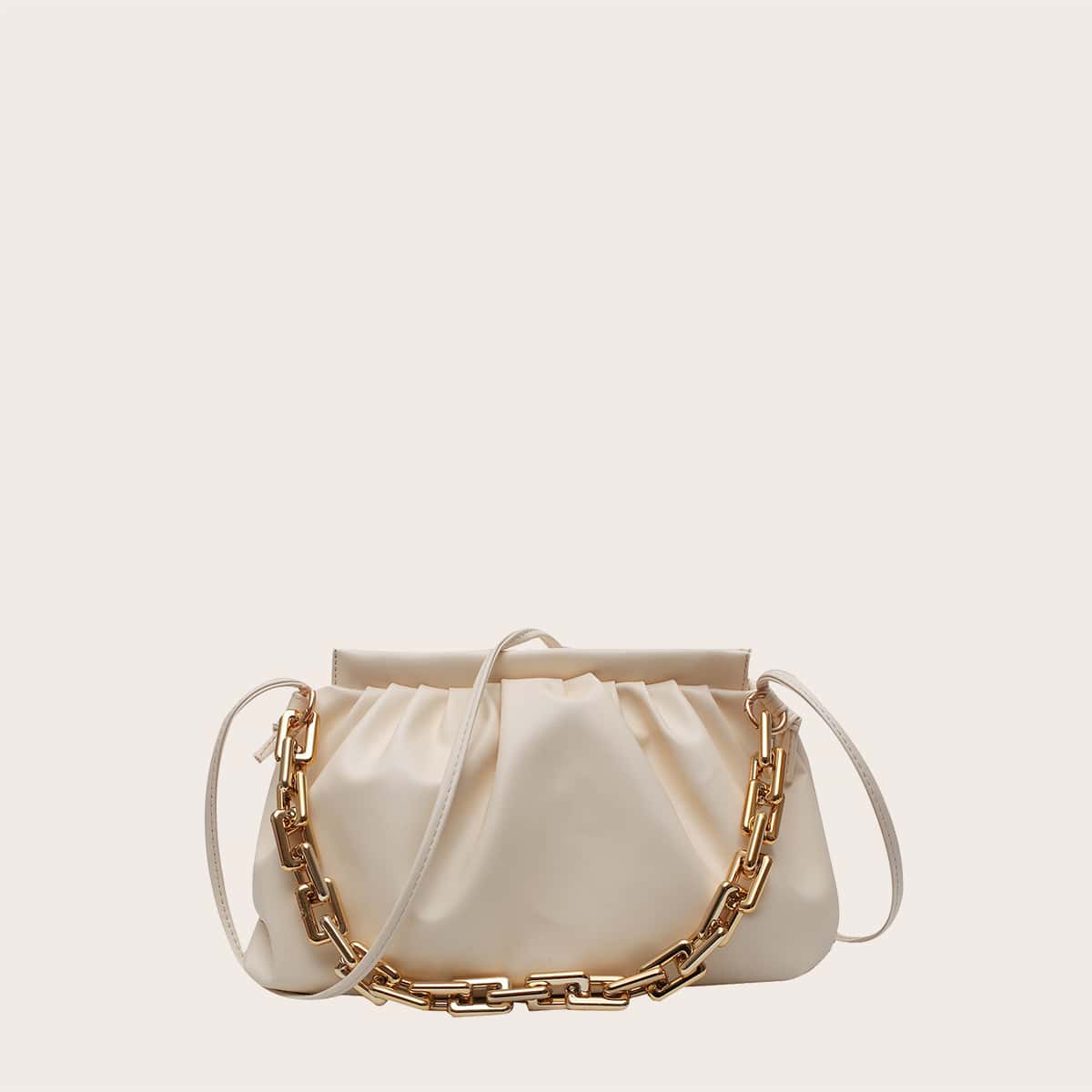 

Chain Decor Ruched Bag, White