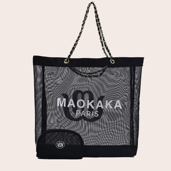 

Letter Graphic Chain Handle Bag With Purse, Black