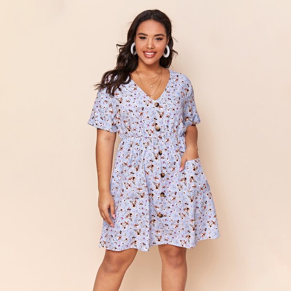 

Plus Single Breasted Floral Print Dress, Baby blue