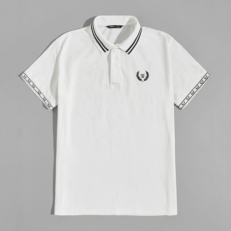 

Guys Graphic Embroidery Striped Collar Polo Shirt, White