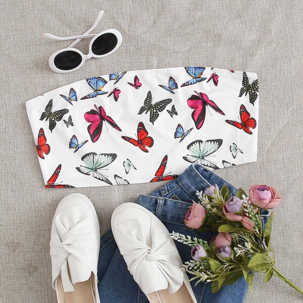 

Plus Butterfly Print Tube Top, White