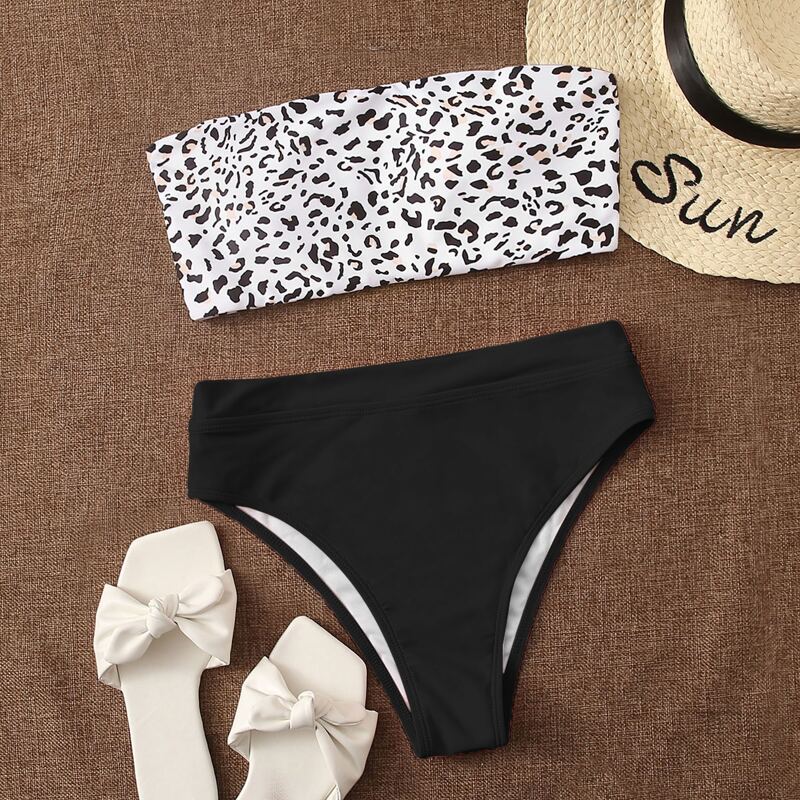 

Leopard High Waisted Bikini Swimsuit, Black and white