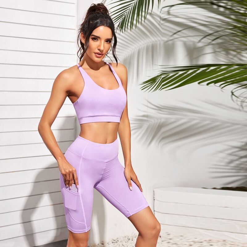 

Crisscross Tank Top With Biker Shorts With Phone Pocket, Lilac purple