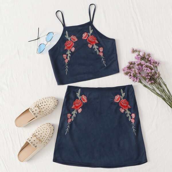

Embroidered Flower Cami Top & Zipper Skirt Set, Navy blue