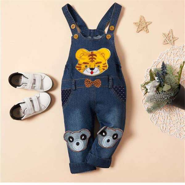 

Toddler Boys Cartoon Embroidery Denim Overall, Dark wash