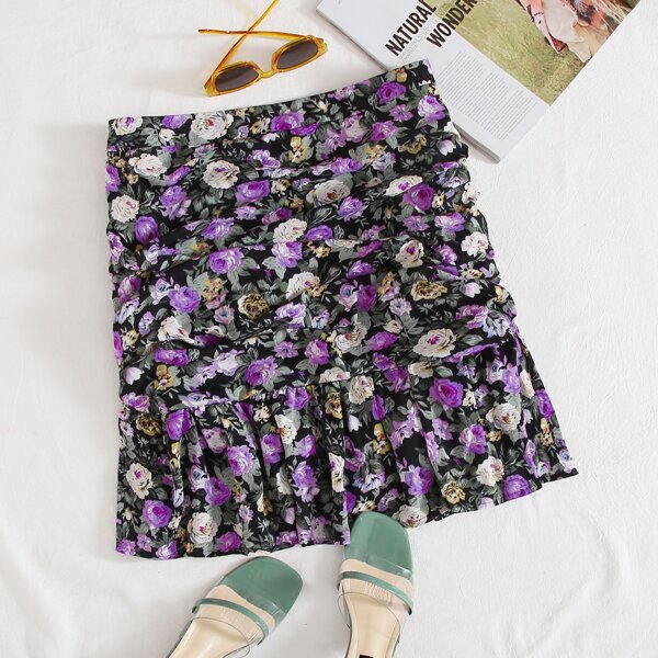 

Plus Ruched Detail Flounce Hem Floral Skirt, Multicolor
