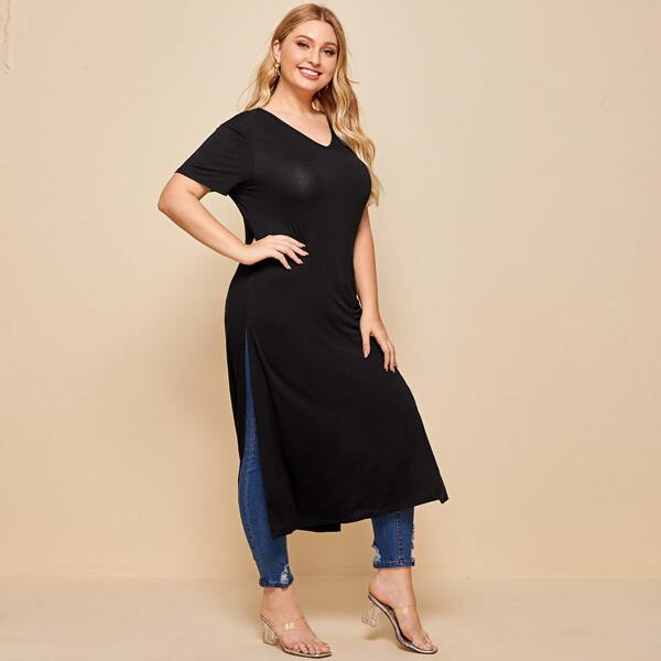 

Plus Split Side Longline Solid Tee, Black