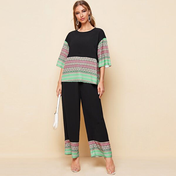 

Tribal Print Sleeve and Hem Top & Wide Leg Pants Set, Black