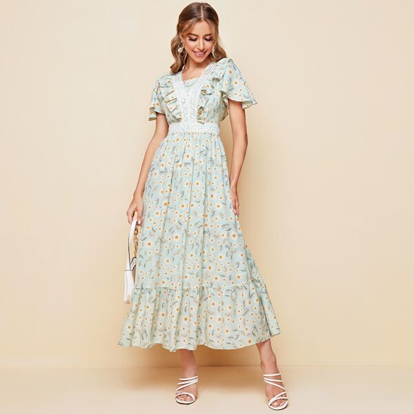 

Ruffle Trim Lace Insert Daisy Floral Dress, Multicolor