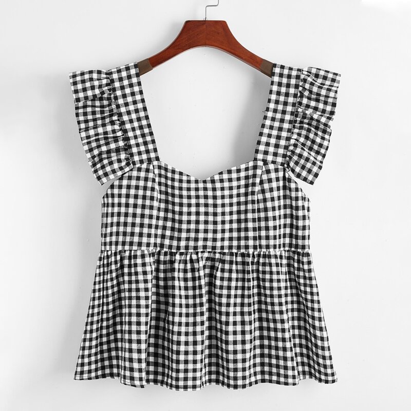 

Buffalo Plaid Ruffle Trim Peplum Top, Black and white