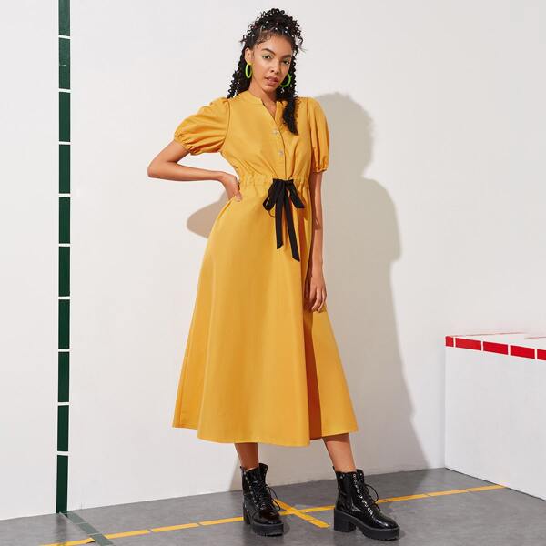 

Notched Neck Puff Sleeve Buttoned Front Drawstring Waist Dress, Mustard yellow