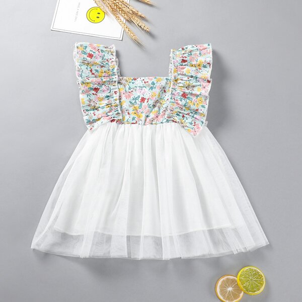 

Baby Girl Floral Print Ruffle Trim Dress, Multicolor