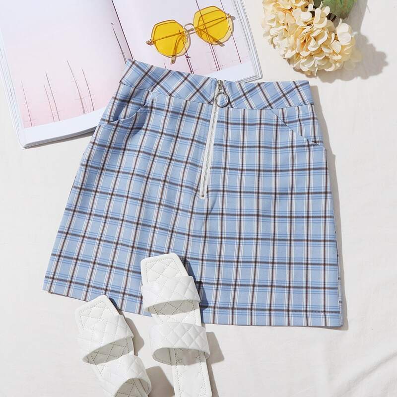 

Tartan Print Zip Front A-line Skirt, Baby blue