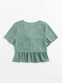 Knot Front Ditsy Floral Ruffle Hem Blouse - Green - View 2