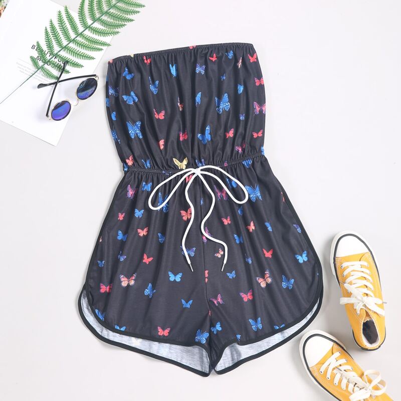 

Butterfly Print Tie Front Tube Romper, Black