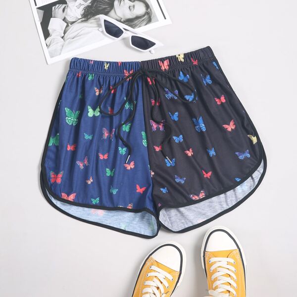 

Color-block Butterfly Print Tie Front Shorts, Multicolor