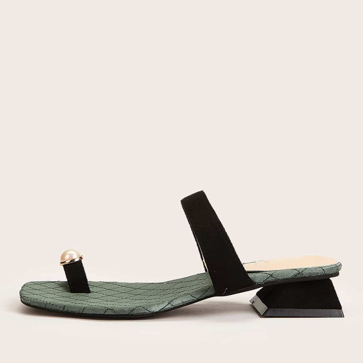 

Faux Pearl Toe Ring Heeled Mules, Black
