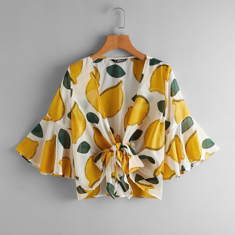 

Lemon Print Plunging Self-Tie Crop Top, Multicolor