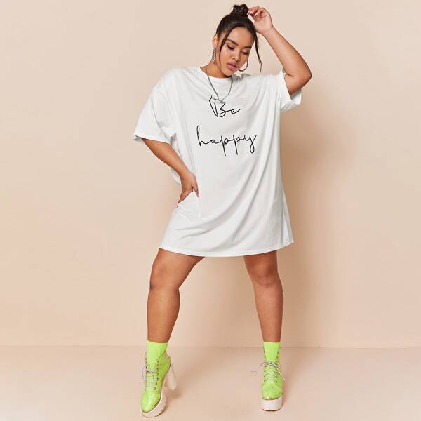 

Plus Drop Shoulder Slogan Graphic Tee Dress, White