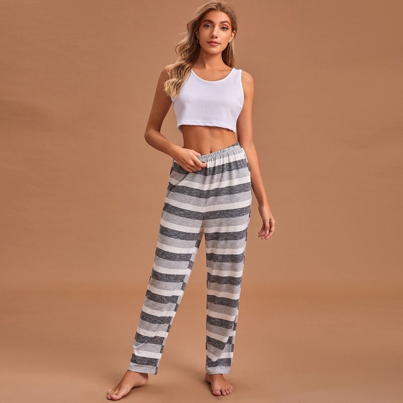 

Crop Tank Top With Striped Pants Lounge Set, Multicolor