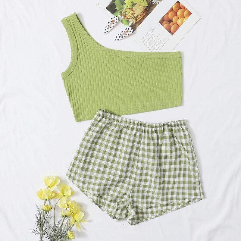 

One Shoulder Rib-knit Top & Gingham Shorts, Green