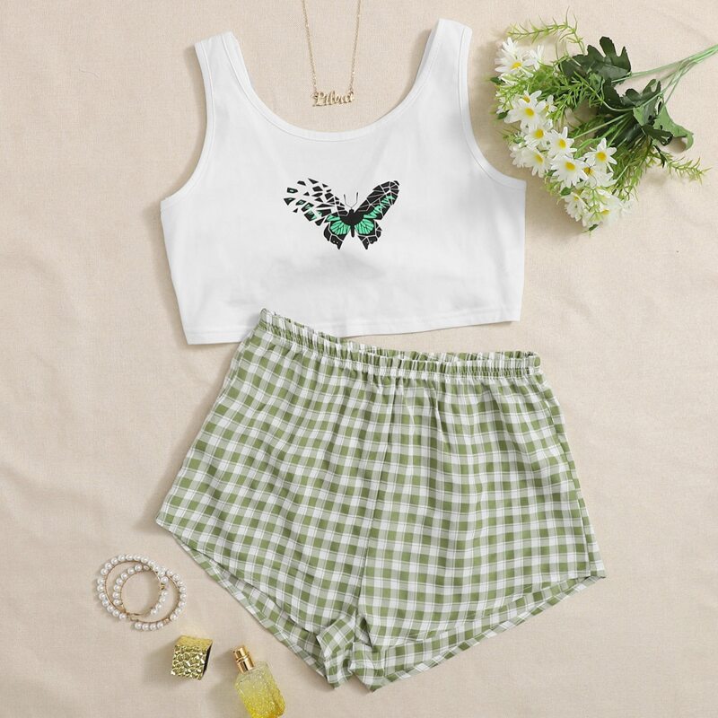 

Butterfly Print Tank Top & Gingham Shorts PJ Set, Multicolor