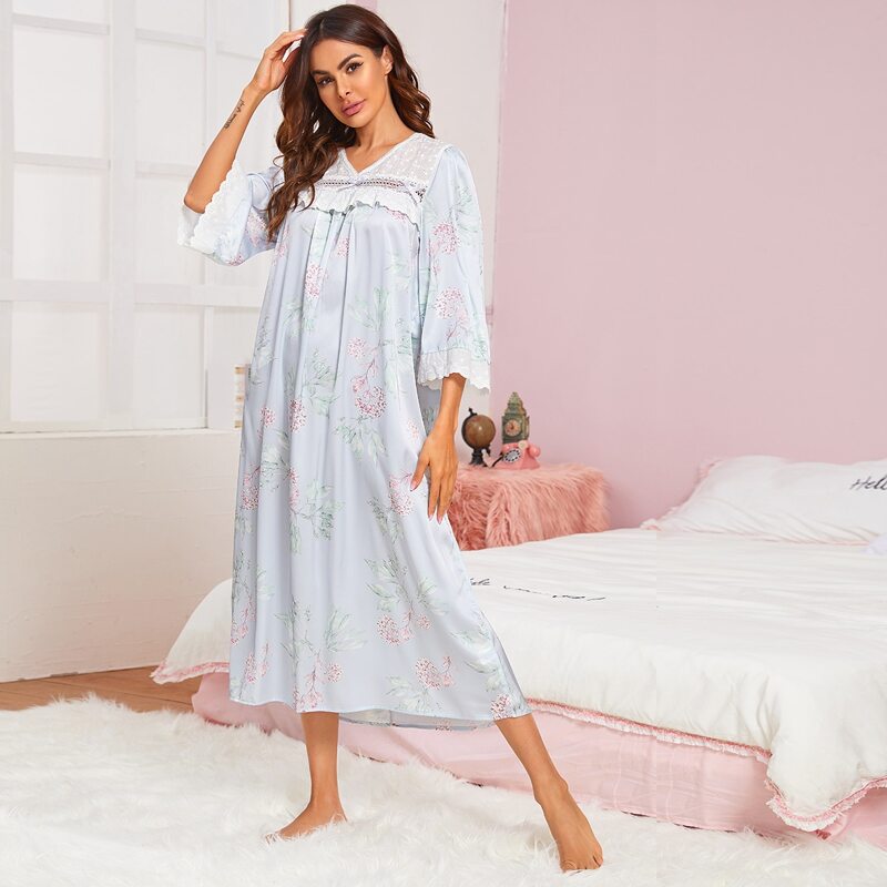 

Eyelet Embroidery Plants Print Ruffle Satin Dress, Pastel baby blue