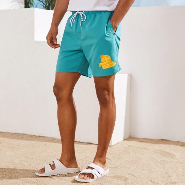 

Men Letter Graphic Drawstring Waist Swim Trunks, Mint blue