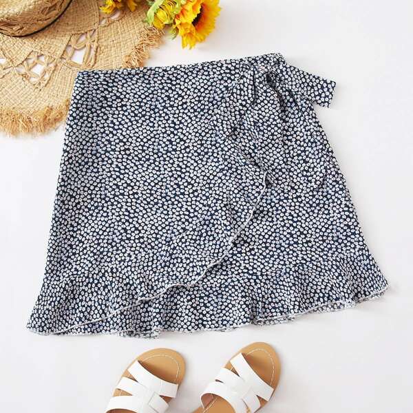 

Ditsy Floral Tie Front Ruffle Trim Wrap Skirt, Navy blue