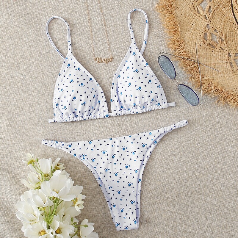 

Ditsy Floral Triangle Tanga Bikini Swimsuit, White