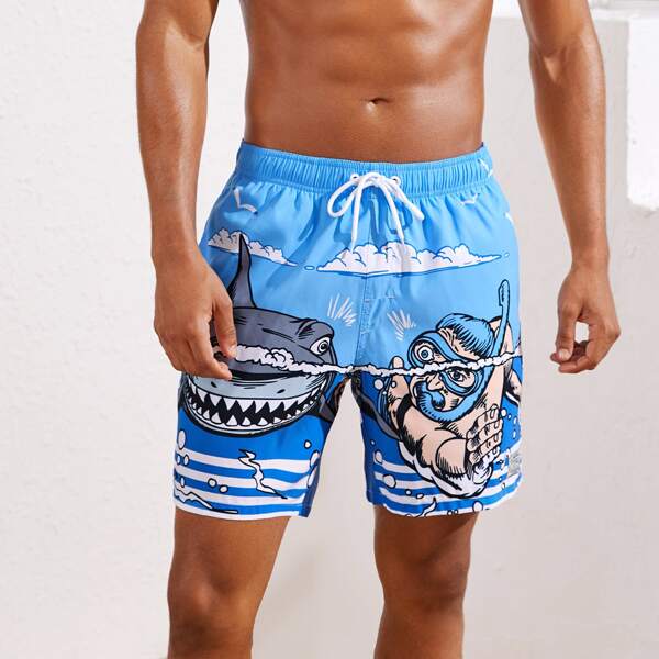 

Men Cartoon Shark And Figure Print Striped Swim Truck, Blue